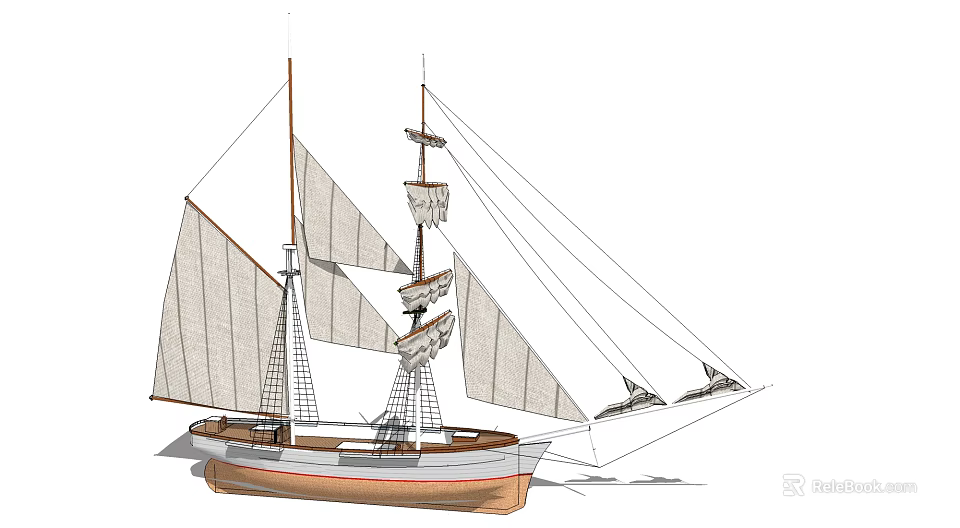 Traditional Sailing Ship with Multiple White Sails and Wooden Hull Structure Design 3d model