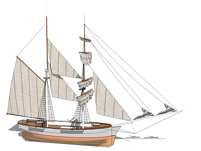 Traditional Sailing Ship with Multiple White Sails and Wooden Hull Structure Design 3d model