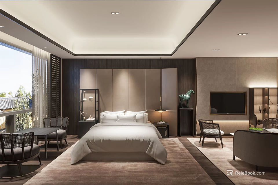 Luxurious Hotel Room Interior With King Bed Modern Furniture And Floor To Ceiling Window 3d model 