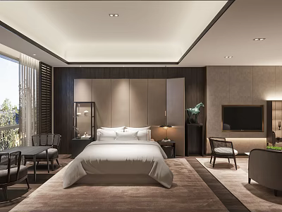 Luxurious Hotel Room Interior With King Bed Modern Furniture And Floor To Ceiling Window 3d model