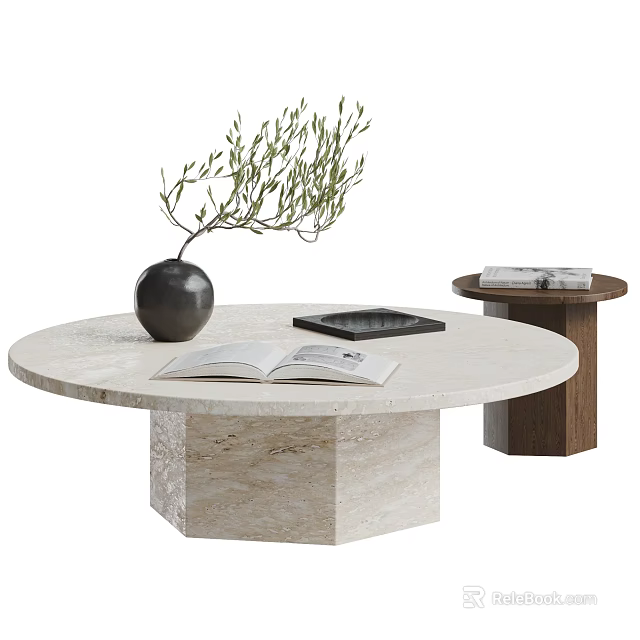 Round Marble Coffee Table With Black Vase Green Foliage Open Book And Black Tablet 3d model 