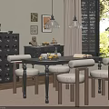 Dining Room Interior With Black Table Beige Cushioned Chairs Pendant Lights Wall Art Window Blinds