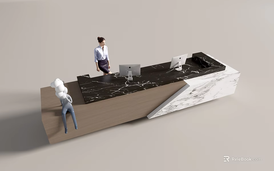 Modern Front Desk Reception With Marble Countertop Wooden Elements Computer Monitors Receptionist And Visitor 3d model 