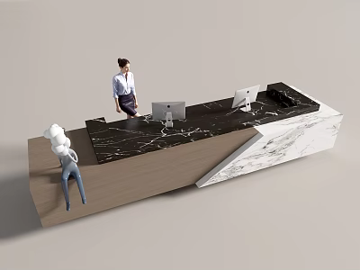 Modern Front Desk Reception With Marble Countertop Wooden Elements Computer Monitors Receptionist And Visitor 3d model