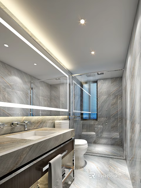 Luxurious Hotel Bathroom Interior With Marble Walls Large Mirror Double Sinks And Shower Enclosure 3d model 