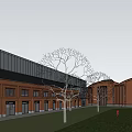 Modern Commercial Street With Solar Panel Roofs Green Areas And Pedestrian Walkways