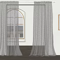 Gray Sheer Curtains Covering Arched Window in Bright Room with White Walls and Wooden Floor