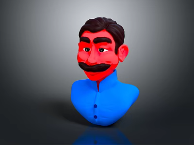 3D Male Character Bust With Black Hair Red Face Black Mustache And Blue Shirt 3d model