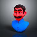 3D Male Character Bust With Black Hair Red Face Black Mustache And Blue Shirt