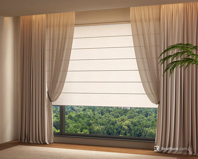 Modern Beige Curtains With Roller Blind By Window And Green Trees View 3d model 