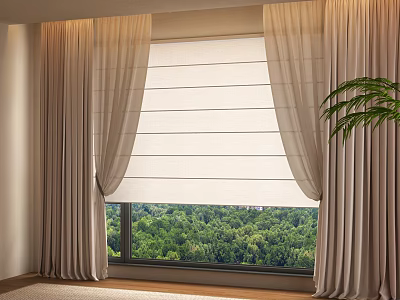 Modern Beige Curtains With Roller Blind By Window And Green Trees View 3d model