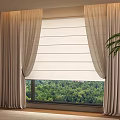 Modern Beige Curtains With Roller Blind By Window And Green Trees View 3d model