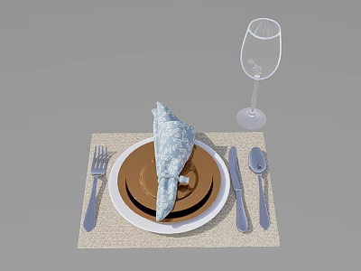Elegant Tableware Set with Plate Napkin Fork Knife Spoon and Wine Glass on Placemat 3d model