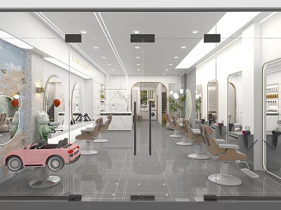 Modern Kids Friendly Hair Salon Interior With Stylish Chairs And Green Plants 3d model