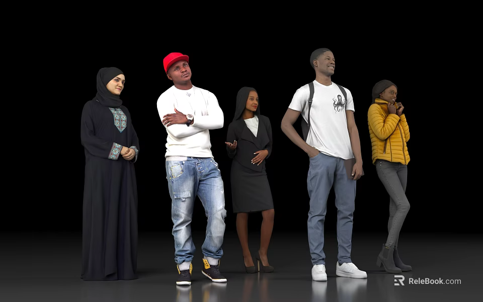Group of diverse people standing with various casual and formal clothing styles 3d model 
