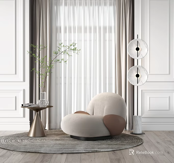 Plush Modern Single Sofa Interior Design With Side Table Green Plant And White Curtains 3d model 