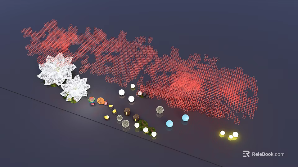 Snowflake Shaped Outdoor Lights With Colorful Round Lamps And Red Background Lighting 3d model 