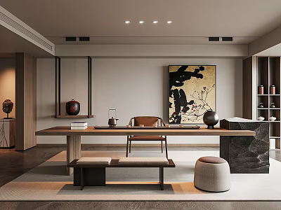 Traditional Tea Room Interior Design With Wooden Table Tea Set And Artwork 3d model