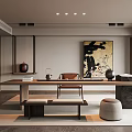 Traditional Tea Room Interior Design With Wooden Table Tea Set And Artwork