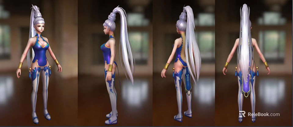 Game and Movie Character With Silver Long Ponytail Hair Blue White Outfit And Golden Accessories 3d model 