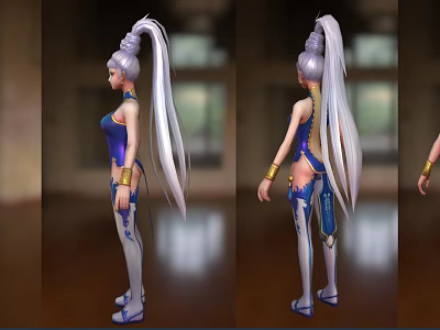 Game and Movie Character With Silver Long Ponytail Hair Blue White Outfit And Golden Accessories 3d model