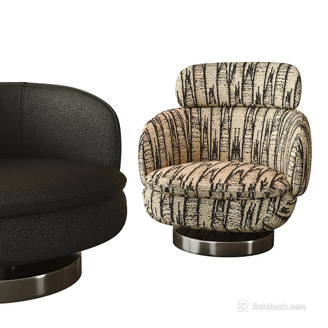 Two Modern Accent Chairs With Black Upholstery And Striped Pattern Metal Base 3d model 