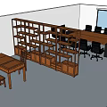 Conference Table with Black Office Chairs Wooden Bookshelf and Projection Screen