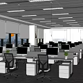 Modern Public Office Space with Workstations Computers Potted Plants and Hanging Lights 3d model