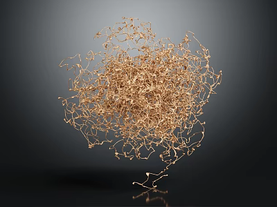 Golden Abstract Spherical Structure Made Of Thin Threads On Dark Background With Reflection 3d model