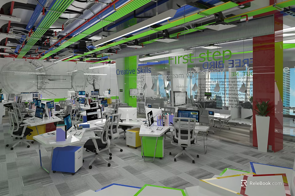 Modern Public Office Space Featuring Open Layout Colorful Ceiling Pipes And Creative Workstations 3d model 