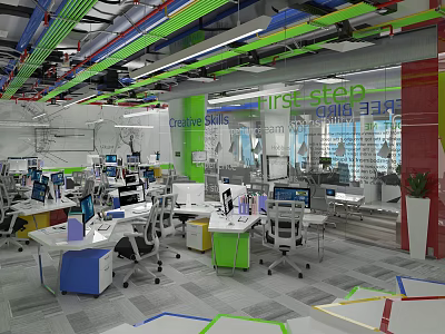 Modern Public Office Space Featuring Open Layout Colorful Ceiling Pipes And Creative Workstations 3d model