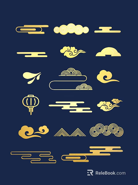 Decorative Traditional Golden Carvings Featuring Cloud Patterns Lantern And Mountain Designs 3d model 