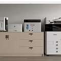 Wooden File Cabinet With Drawers And Doors Holding HP EPSON Printers In Office
