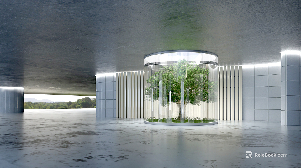 Modern Architectural Space With Glass Cylinder Enclosing Tree 3d model 