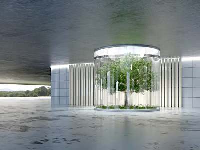 Modern Architectural Space With Glass Cylinder Enclosing Tree 3d model