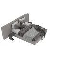 Modern Double Bed with Gray Headboard Multiple Pillows Dark Blanket and Black Nightstand