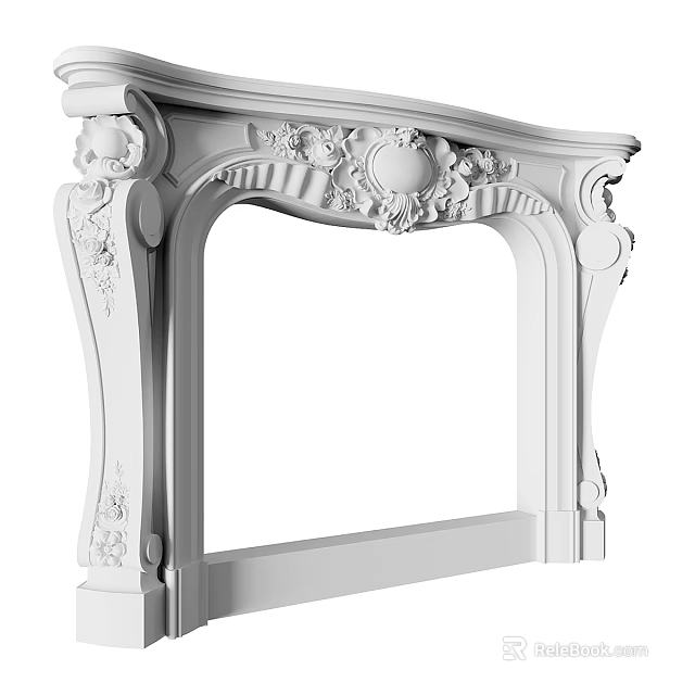 Elegant White Fireplace Design With Intricate Carved Patterns And Classic Decorative Frame 3d model
