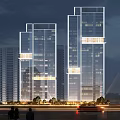 Night View High Rise Residential Landscape With Glass Curtain Walls Illuminated Lights And Waterfront Trees