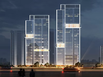 Night View High Rise Residential Landscape With Glass Curtain Walls Illuminated Lights And Waterfront Trees 3d model