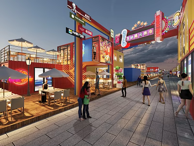 Vibrant Commercial Street With Colorful Buildings Neon Signs And Outdoor Dining Areas 3d model
