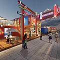 Vibrant Commercial Street With Colorful Buildings Neon Signs And Outdoor Dining Areas