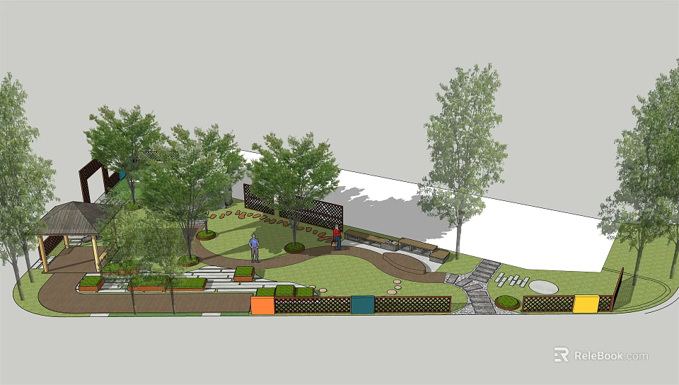 Scenic Park Landscape With Trees Green Lawn Pathways Benches And Colorful Fences 3d model 