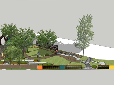 Scenic Park Landscape With Trees Green Lawn Pathways Benches And Colorful Fences 3d model