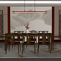 Elegant Restaurant Interior With Long Dining Table Red Chairs Pendant Light And Landscape Wall Decor
