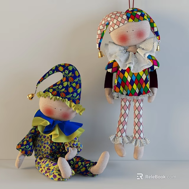 Colorful Jester Dolls With Patterned Hats Bells And Decorative Clothes 3d model 