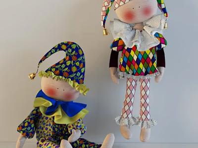 Colorful Jester Dolls With Patterned Hats Bells And Decorative Clothes 3d model