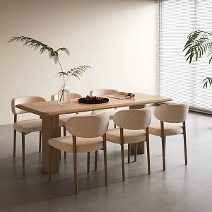 Modern Dining Table and Chair Combination Solid Wood Table and Chair Cream Style Single Chair Long Table Fruit Plate Books Green Planting 3d model
