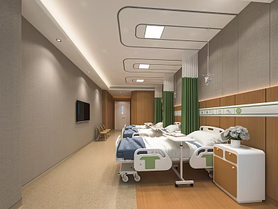 Modern Hospital Ward Interior With Beds TV Green Curtains And Wooden Furniture 3d model