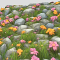 Natural Rock Pile Landscape With Colorful Pink Yellow Flowers And Green Grass