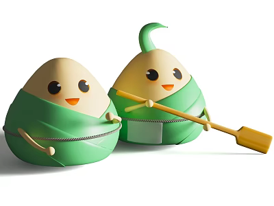 Cute Cartoon Zongzi Plush Toys With Smiling Faces Green Yellow Design And Paddle 3d model